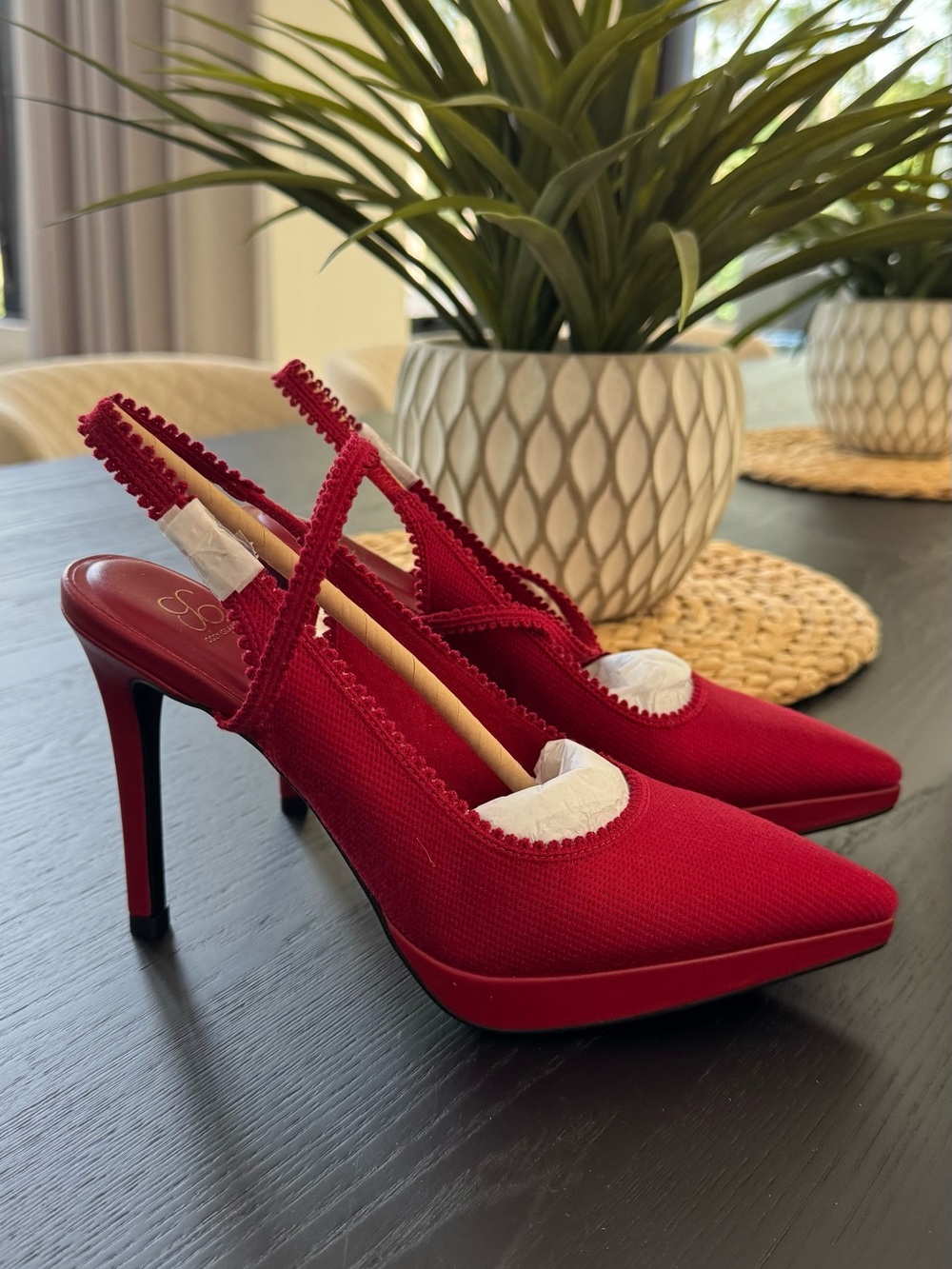 Women's Heel Red Pointed-Toe Slingback Pumps